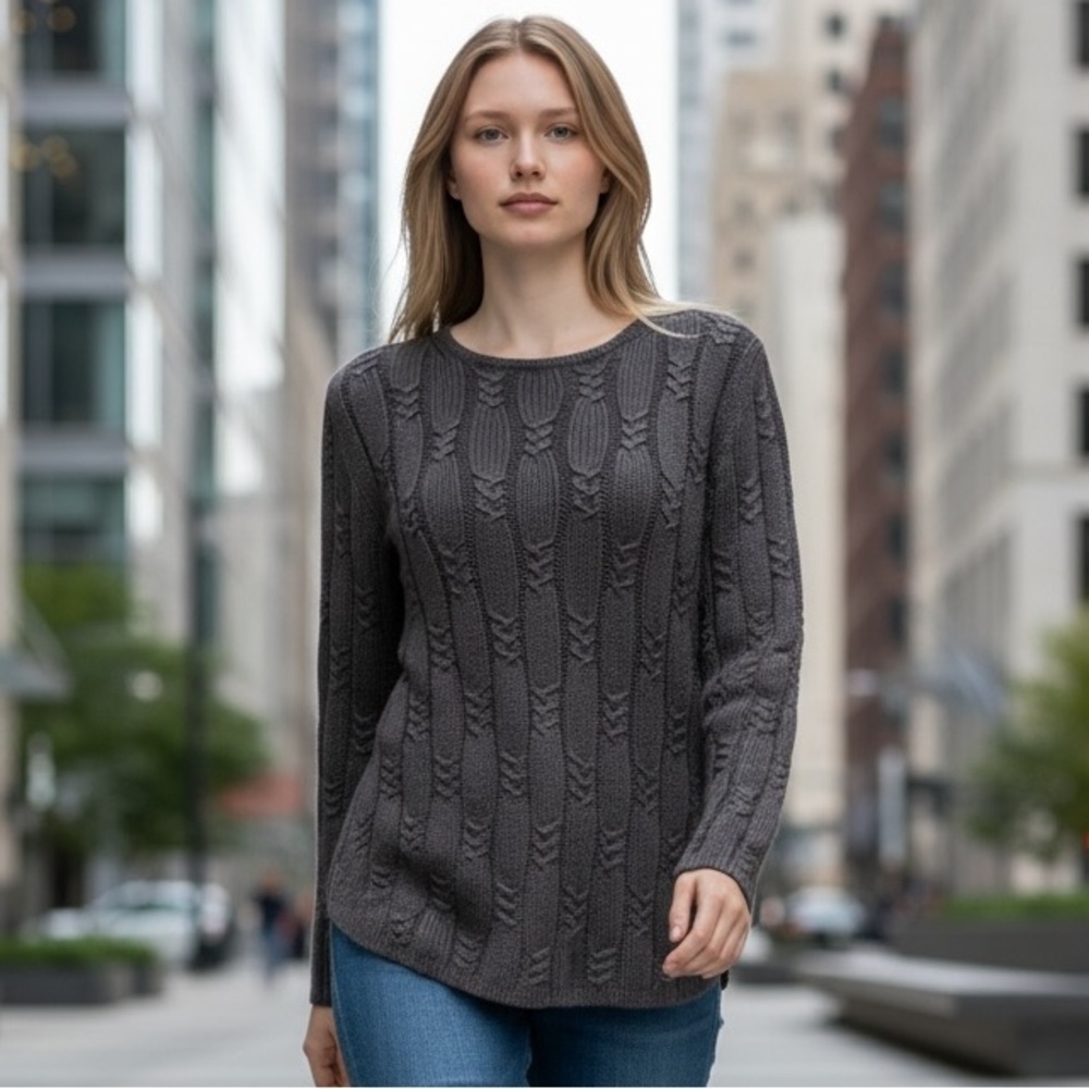 CARLISLE Angora Wool Blend Dark Gray Cable Knit Luxury Sweater Sz M